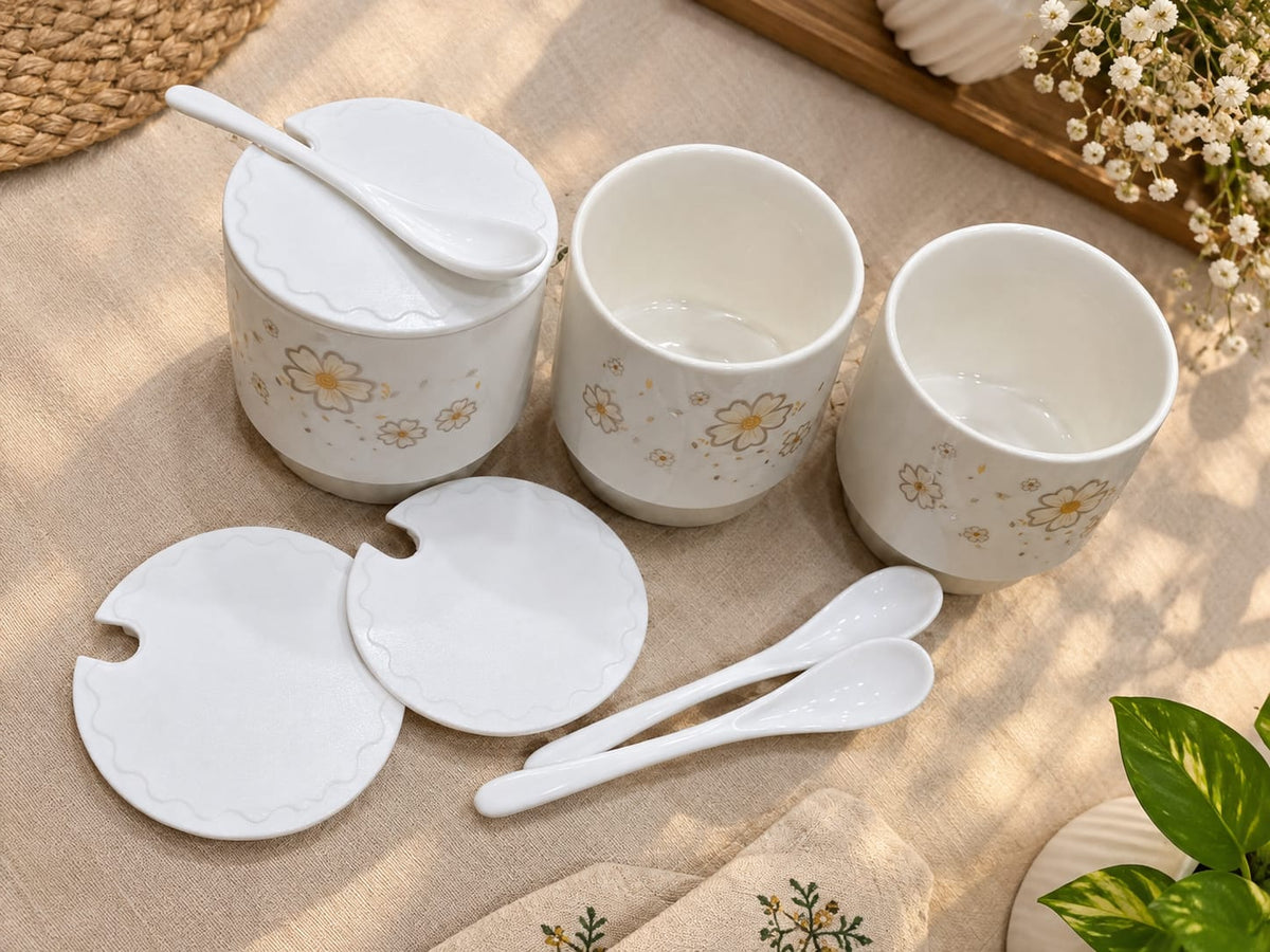 Barniwala Ceramic Storage Jars with Lids, Pack of 3 | Premium Floral Kitchen Containers with Serving Tray & Spoons | Multipurpose Spice, Dry Fruit, Sugar, Tea, Coffee & Snack Storage Set