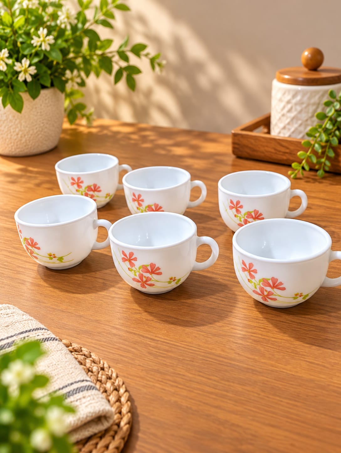 La Opala Coral Charm Cup Set of 6, 100 ml Each | White Opalware Tea & Coffee Cups with Floral Design