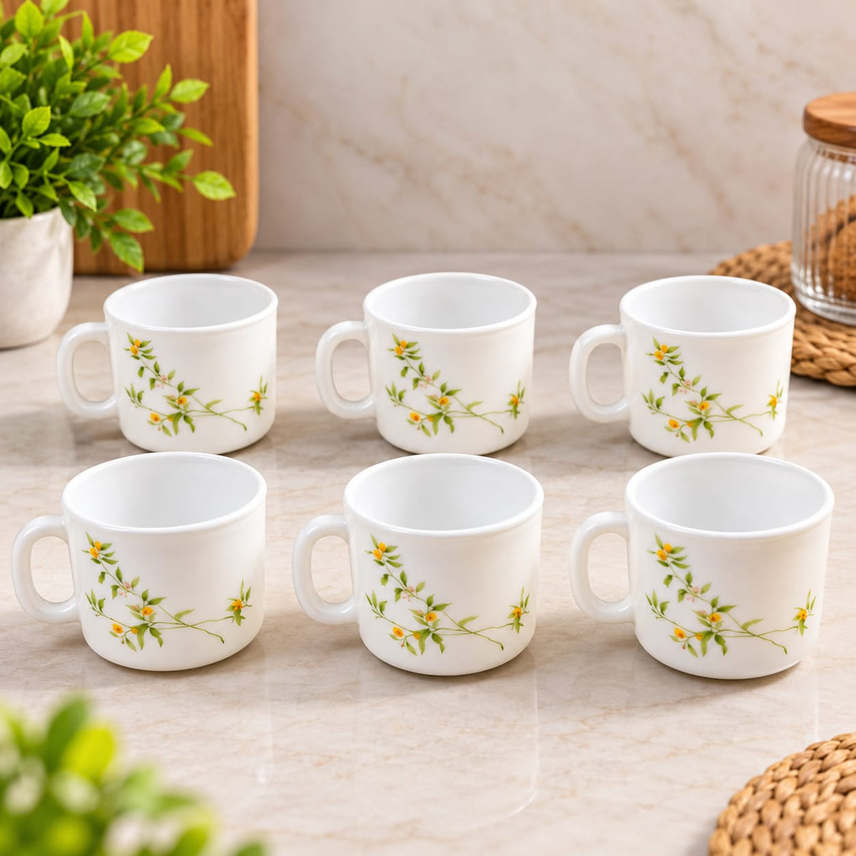 La Opala Vivid Greens Cup Set of 6, 120 ML Each | Elegant Floral Design Tea & Coffee Cups | Lightweight & Stylish Cups for Home, Office & Gifting