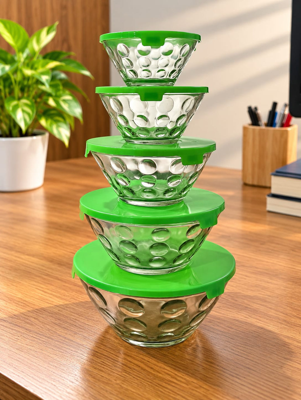 Polka Dot Pattern Glass Bowl Set Of 5 | Decorative Glass Serving Bowls with Green Base | Kitchen, Dining & Dessert Serving Bowls
