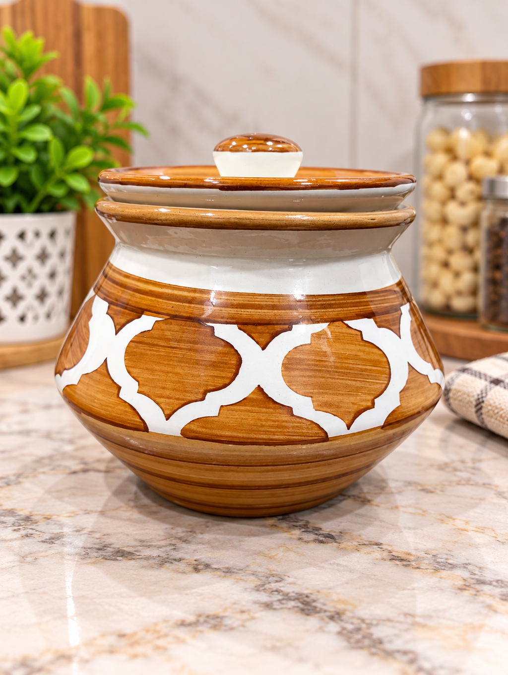 Barniwala 200 ML Ceramic Fancy Handi Jar with Lid | Decorative Kitchen Storage Container for Pickle, Achar, Spices, Sugar, Tea, Coffee, Dry Fruits & Snacks | Traditional Handi Style Food Storage Pot