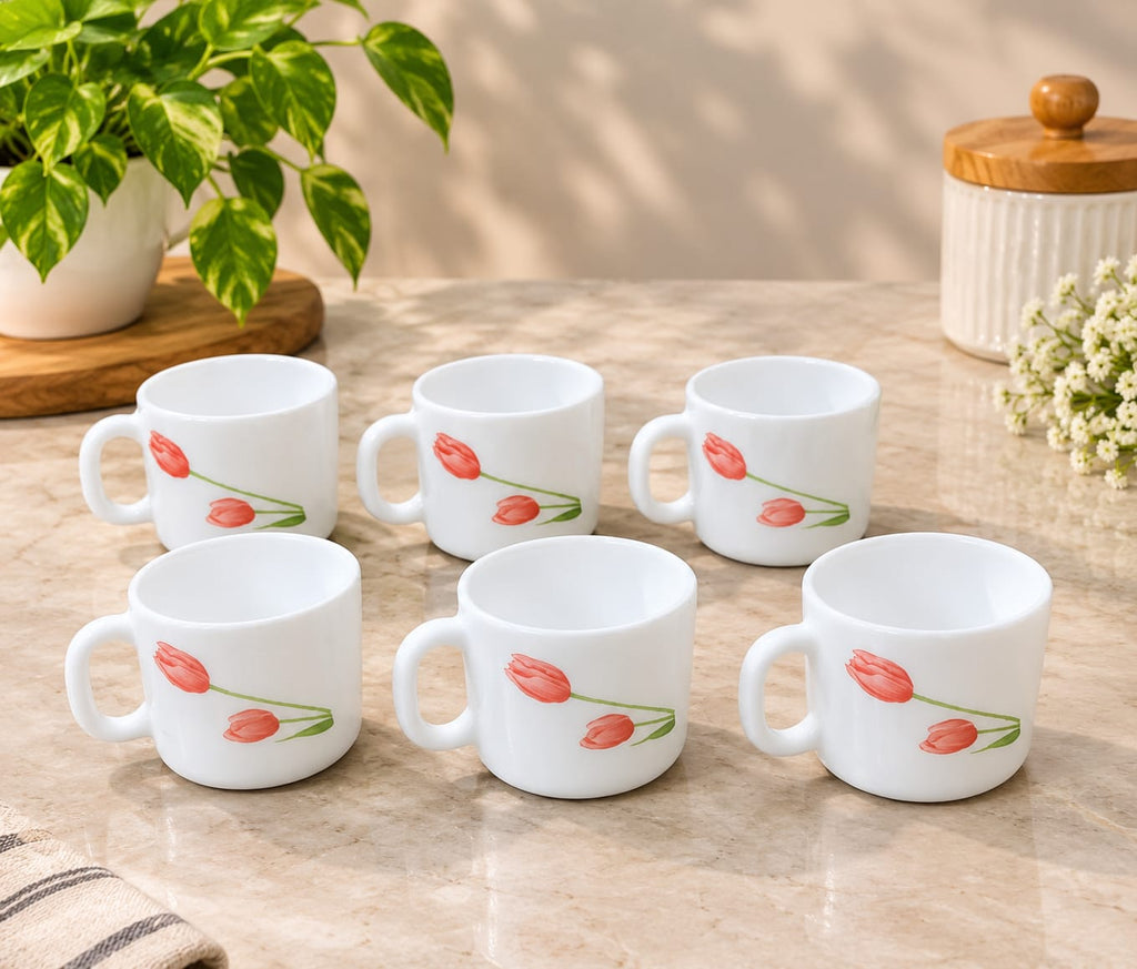 La Opala Scarlet Duet Cup Set of 6, 120 ml Each, White Floral Tea & Coffee Cups