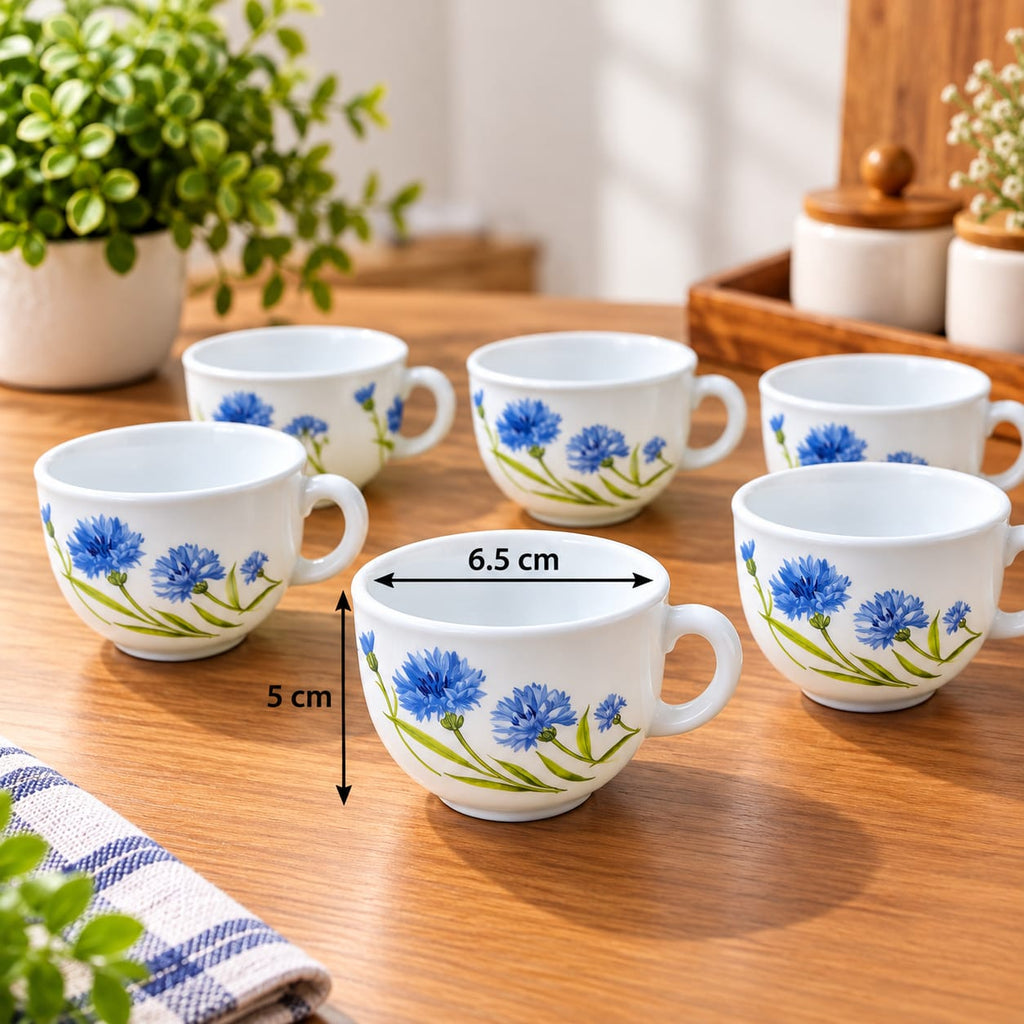 La Opala Floral Fountain Cup Set of 6, 100 ML Each, Elegant Floral Design Tea Cups, Premium Opalware Cups for Tea, Coffee, Milk & Daily Use