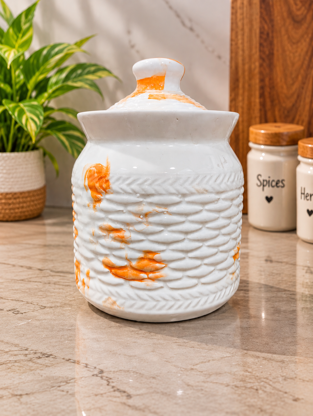Barniwala 500 ML Ceramic Cutting Storage Jar with Lid | Premium Decorative Kitchen Container for Pickle, Achar, Spices, Sugar, Tea, Coffee, Dry Fruits & Snacks | Stylish Pantry Organizer