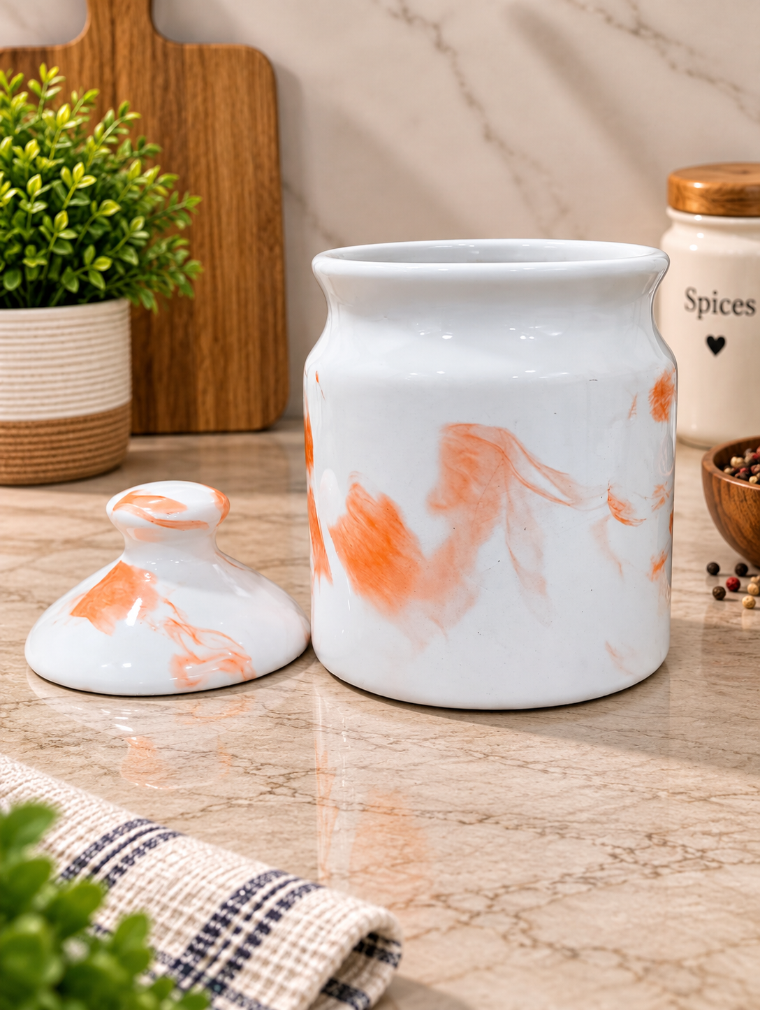 Barniwala 500 ML Ceramic Cutting Jar with Lid | Stylish Decorative Storage Container for Kitchen & Pantry | Ideal for Pickle, Achar, Spices, Dry Fruits, Snacks, Tea, Coffee & Sugar | Premium Ceramic Kitchen Organizer