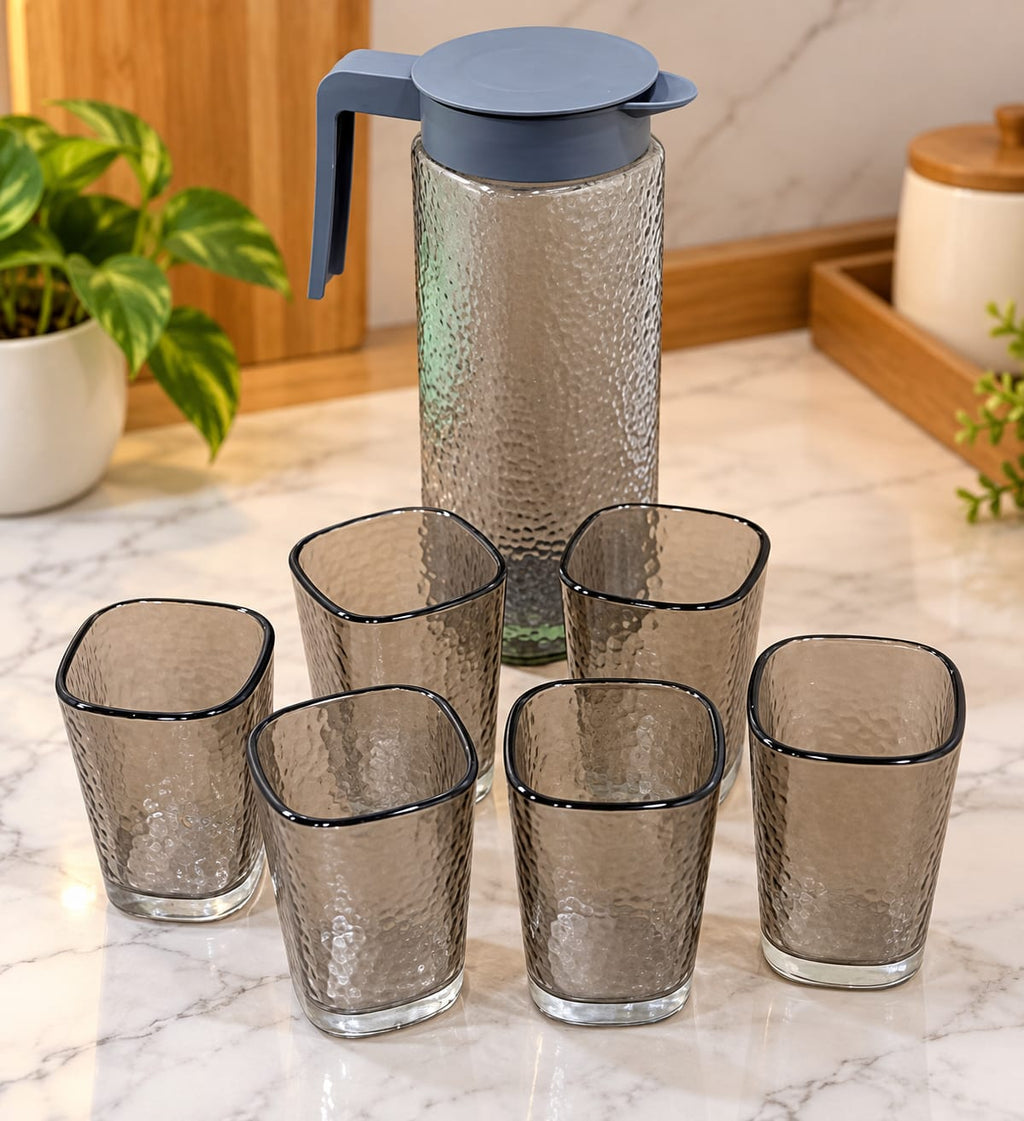 Glass Water Jug Set with 6 Glasses | Textured Transparent Jug with Lid & Handle | Stylish Drinking Water Pitcher Set for Home, Kitchen, Dining & Parties