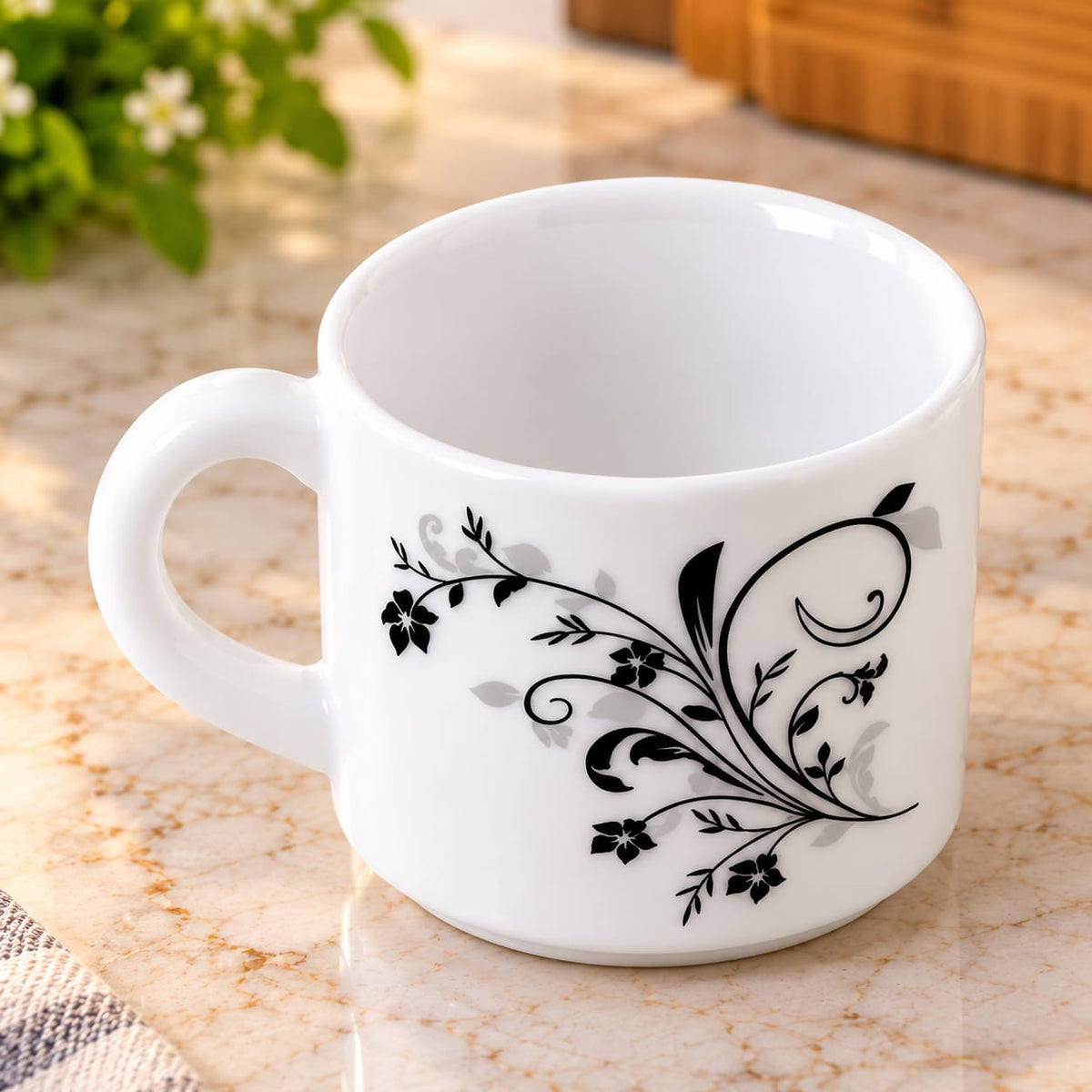 CELLO Roma Black Swirl Cups Set of 6, 140 ML Each | Elegant Printed Tea & Coffee Cups | Stylish Ceramic Cups for Home, Office & Gifting