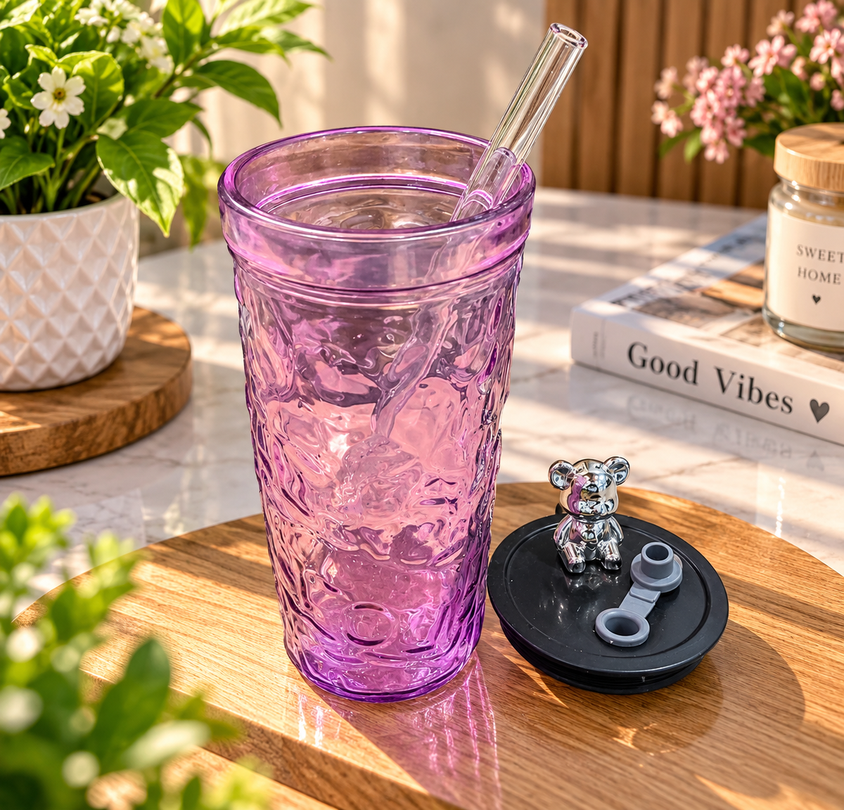 Diamond Glass Purple Pack of 1 | Stylish Textured Glass Tumbler with Lid & Straw | Premium Drinking Cup for Juice, Water, Cold Coffee, Milkshake & Mocktails | Reusable Glass Cup