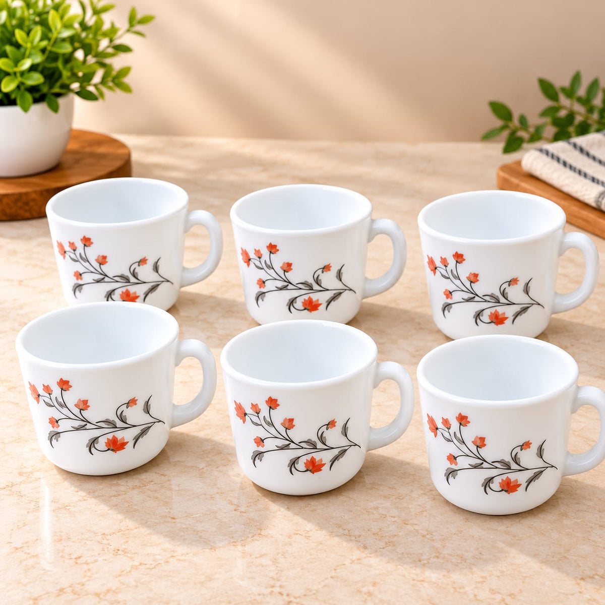 Cello Prince Cup Red Grapevine Printed Ceramic Cups Set of 6, 130 ml