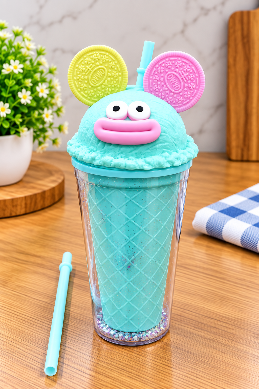 Barniwala Ice Cream Sipper Bottle for Kids, Cute Cartoon Character Water Bottle with Straw & Fun Lid, Reusable Drinking Bottle for School, Travel & Home