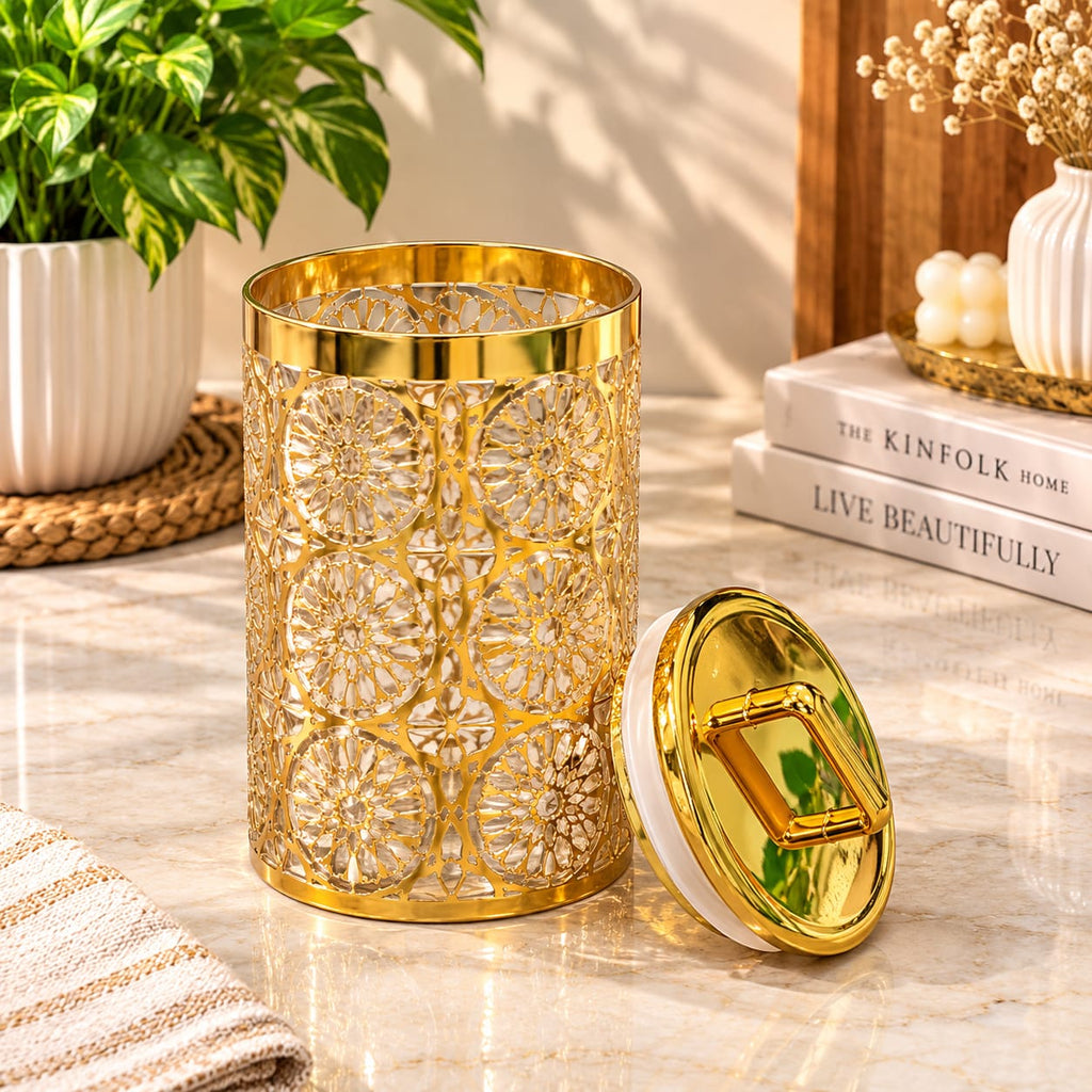 Barniwala Deluxe Gold Canister with Premium Decorative Design & Lid | Elegant Kitchen Storage Container for Dry Fruits, Snacks, Tea, Coffee, Sugar & Spices | Stylish Food Storage Jar for Home & Dining