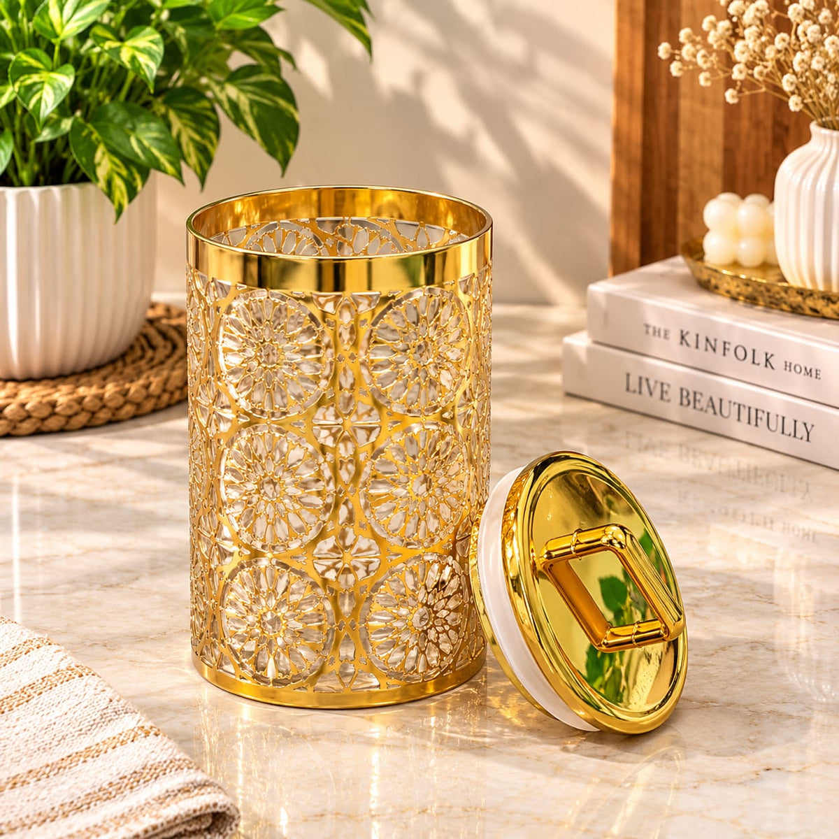 Barniwala Deluxe Gold Canister with Premium Decorative Design & Lid | Elegant Kitchen Storage Container for Dry Fruits, Snacks, Tea, Coffee, Sugar & Spices | Stylish Food Storage Jar for Home & Dining