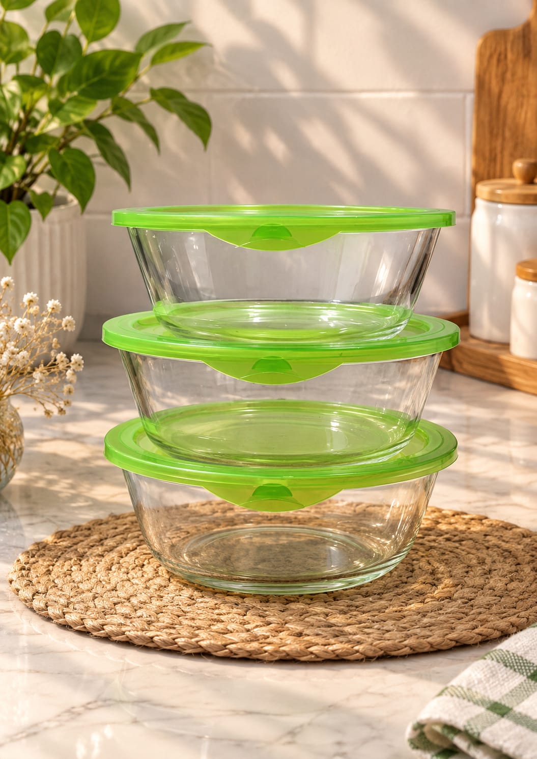 Barniwala Glass Storage Bowls with Green Airtight Lids, Pack of 3 | Transparent Kitchen Containers for Dry Fruits, Nuts, Snacks, Fruits, Leftovers & Food | Multipurpose Refrigerator & Pantry Organizer
