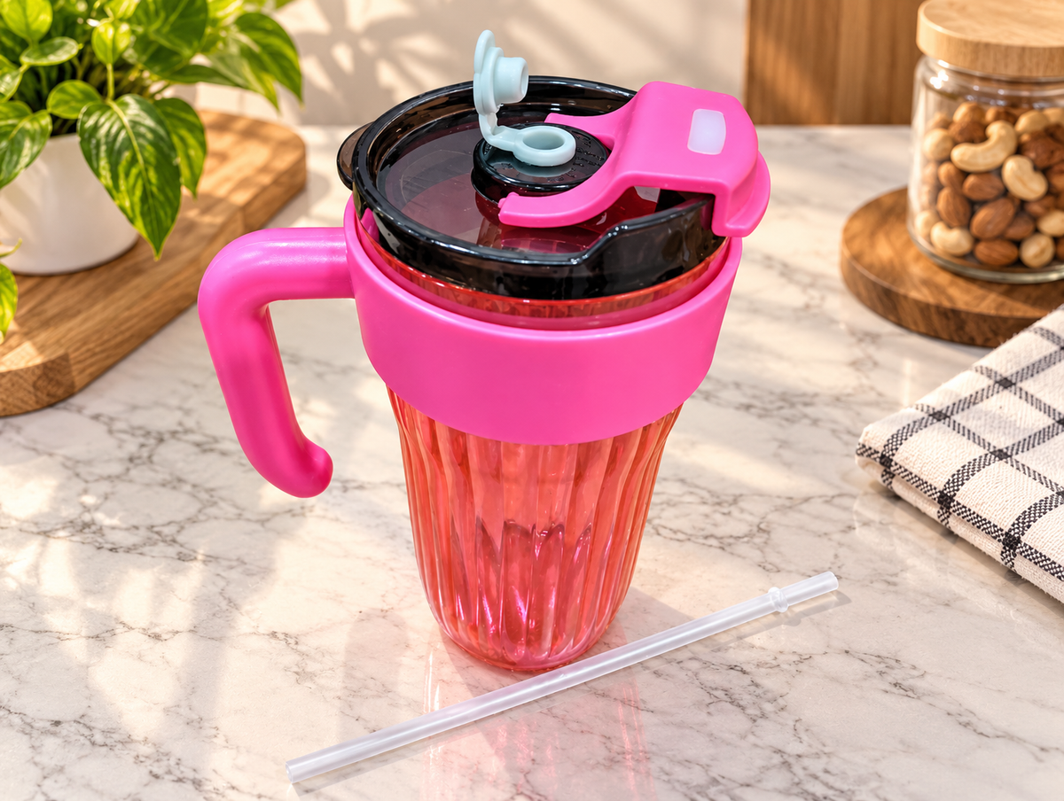 Coffee Cup Pack of 1 | Pink Ribbed Glass Coffee Mug with Handle, Lid & Straw | Stylish Glass Tumbler for Hot & Cold Coffee, Tea, Milkshake, Juice & Beverages