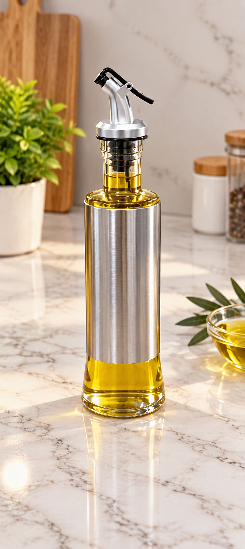 Oil and Vinegar Bottle with Easy Press Pourer, Stainless Steel & Clear Glass Oil Dispenser | Cooking Oil, Vinegar, Sauce & Dressing Bottle for Kitchen, Dining Table & Restaurant