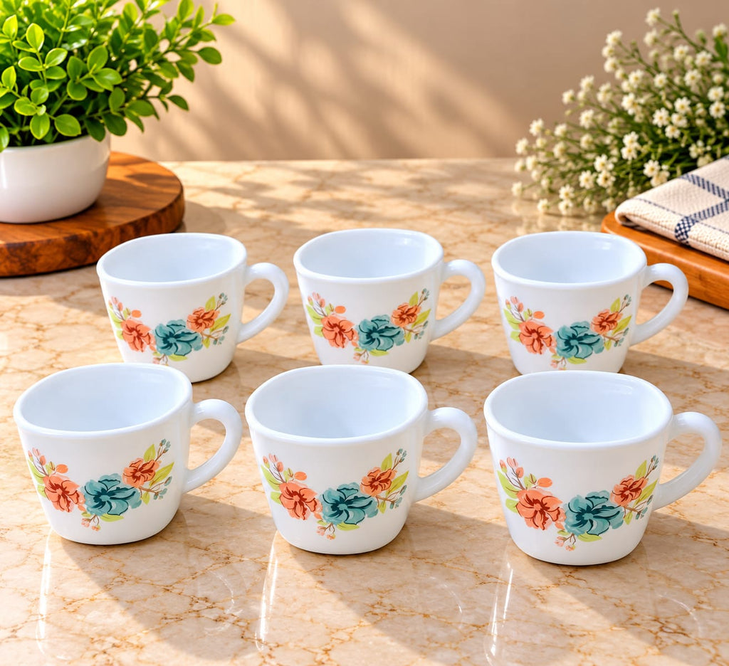 Cello Vogua Meadow Cup Set of 6, 100 ml, White Floral Printed Tea and Coffee Cups