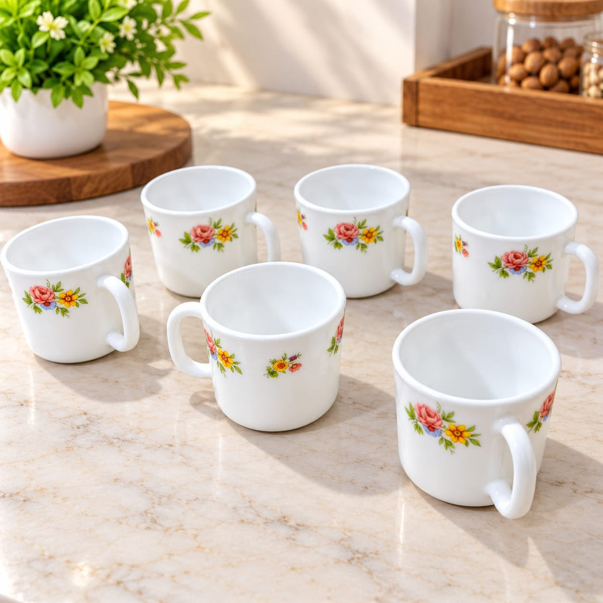 La Opala Patite Roses Cup Set of 6, 120 ML | Elegant Floral Design Tea & Coffee Cups | White Ceramic Look Tableware for Home, Office & Gifting