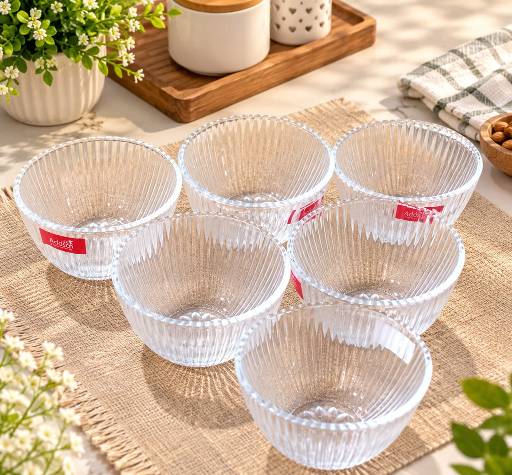 Dessert Glass Bowls Set of 6 | Fluted Ribbed Floral Pattern Glass Bowls with Decorative Flower Base | Elegant Ice Cream Dessert Serving Bowls for Pudding, Mousse, Fruits, Custard, Sweets & Snacks