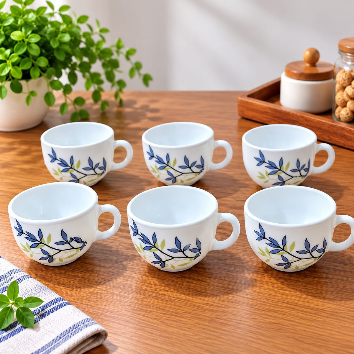 La Opala Silken Charm Cup Set of 6, 100 ML Each | White Cups with Blue & Green Floral Design | Elegant Tea & Coffee Cups for Home
