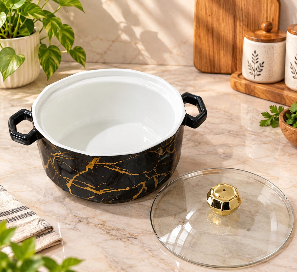 Ceramic Casserole with Glass Lid & Handles | Elegant Black Marble Design Serving & Storage Casserole Dish | Kitchen Hot Pot for Rice, Curry, Dal, Biryani, Pasta & Snacks | Stylish Table Serving Dish