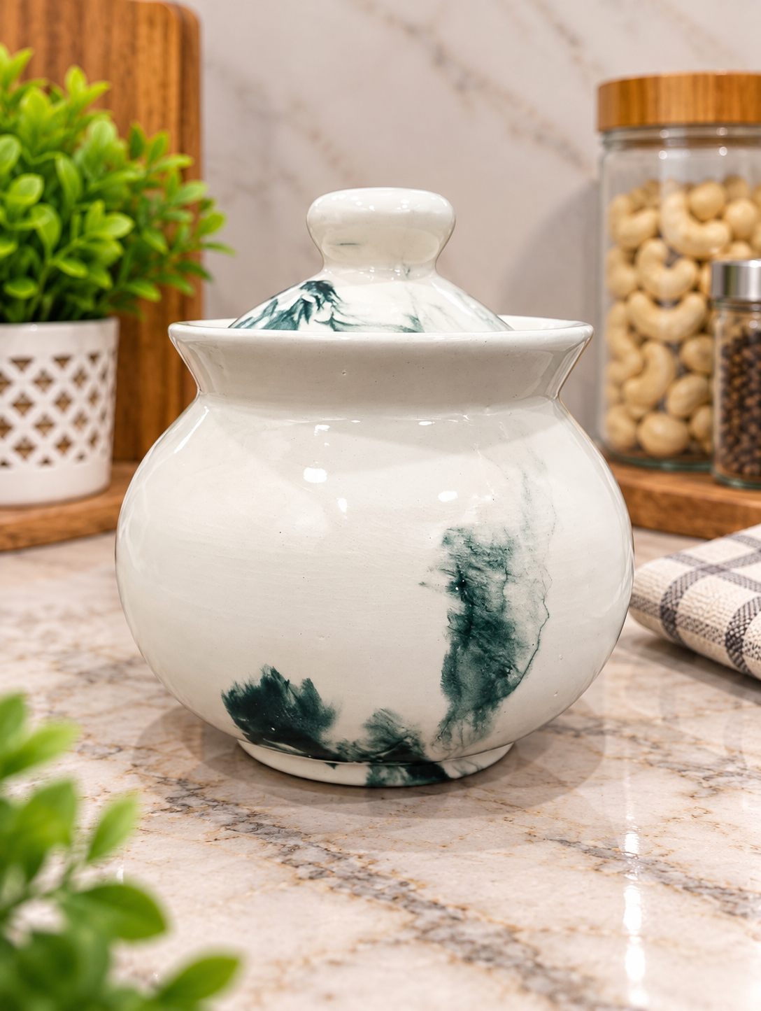 Barniwala 250 ML Ceramic Marble Handi Jar with Lid | Premium Decorative Kitchen Storage Container for Pickle, Achar, Spices, Sugar, Tea, Coffee, Dry Fruits & Snacks | Traditional Handi Style Food Storage Pot