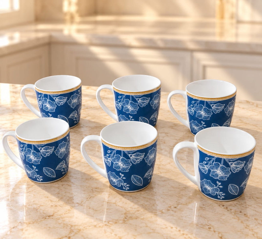 CLAY CRAFT Coffee Mug Set of 6, 300 ML Big Coffee Cups, Tea & Coffee Mugs, Blue Floral Printed Cups for Home, Office & Kitchen