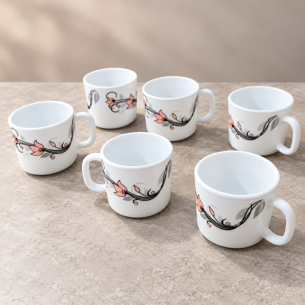 La Opala Scarlet Blooms Cup Set of 6, 120 ml Each, White Floral Design Tea & Coffee Cups