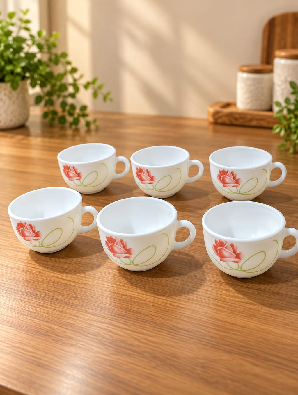 La Opala Dainty Swirls Cup Set of 6, 100 ml | White Cups with Pink Rose Floral Design | Elegant Tea & Coffee Cups for Home, Office & Gifting