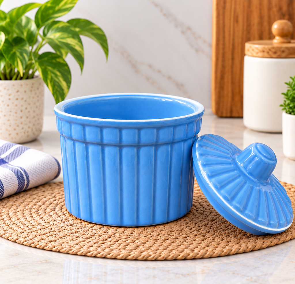 250 ML Ceramic Butter Pot with Lid | Pack of 3| Multipurpose Kitchen Storage Container for Butter, Ghee, Spreads & Condiments | Decorative Ceramic Food Storage Jar
