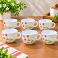La Opala Radiant Curves Cup Set of 6, 100 ML Each | Premium White Cups with Red Floral Design | Elegant Tea & Coffee Cups for Home and Office