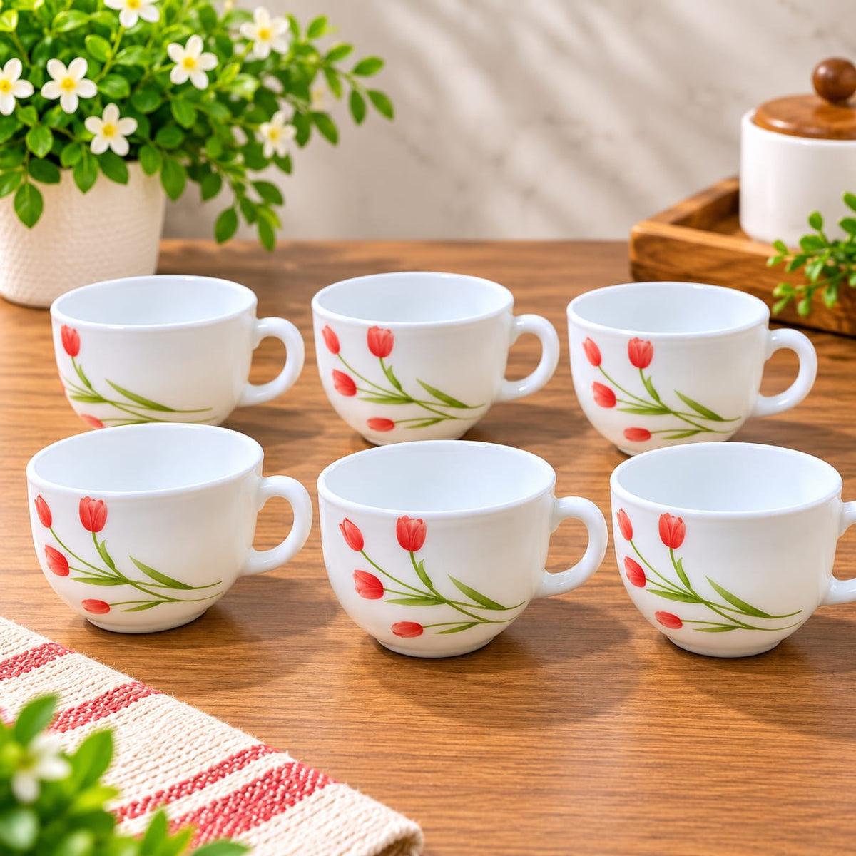 La Opala Radiant Curves Cup Set of 6, 100 ML Each | Premium White Cups with Red Floral Design | Elegant Tea & Coffee Cups for Home and Office