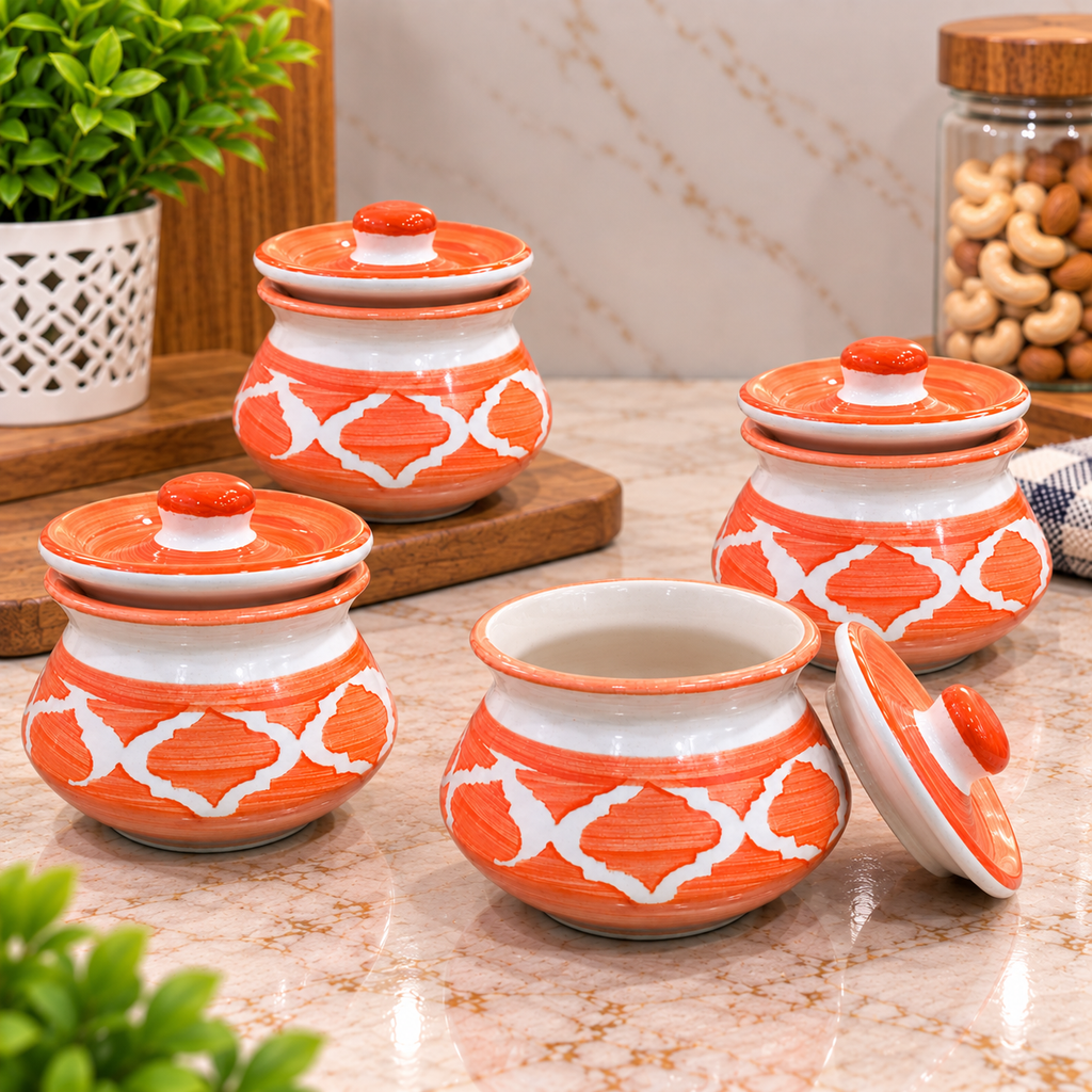 Barniwala 150 ML Ceramic Fancy Handi Storage Jar with Lid, Pack of 4 | Decorative Mini Kitchen Container for Pickle, Achar, Spices, Sugar, Tea, Coffee & Dry Fruits | Traditional Ceramic Food Storage Canister