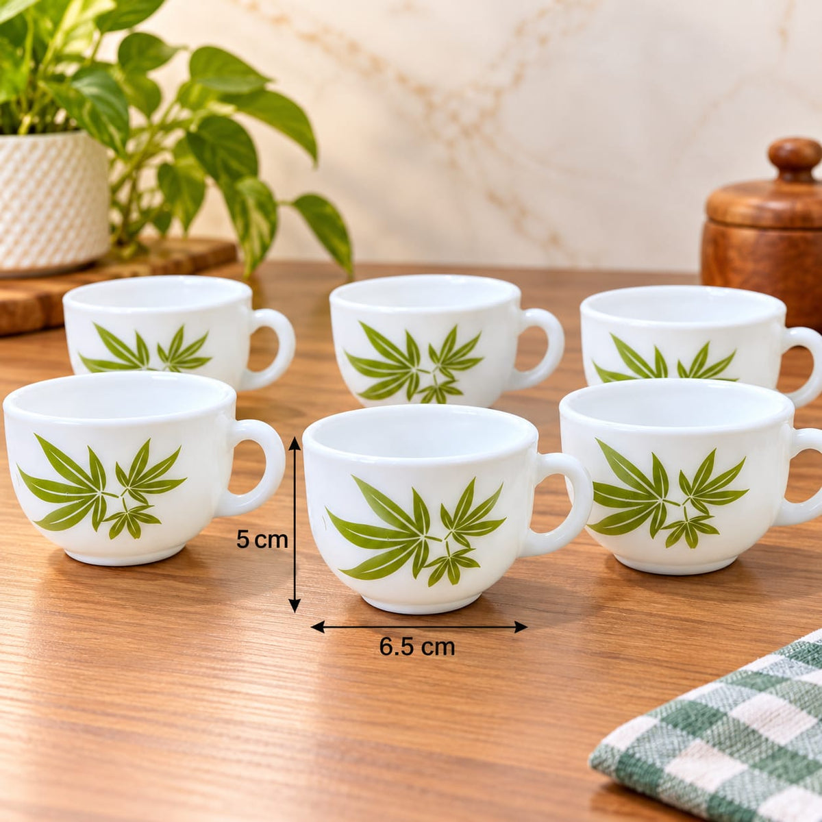 La Opala Trinty Green Cup Set of 6, 100 ML Each, White Cups with Green Leaf Design for Tea, Coffee, Home & Gifting