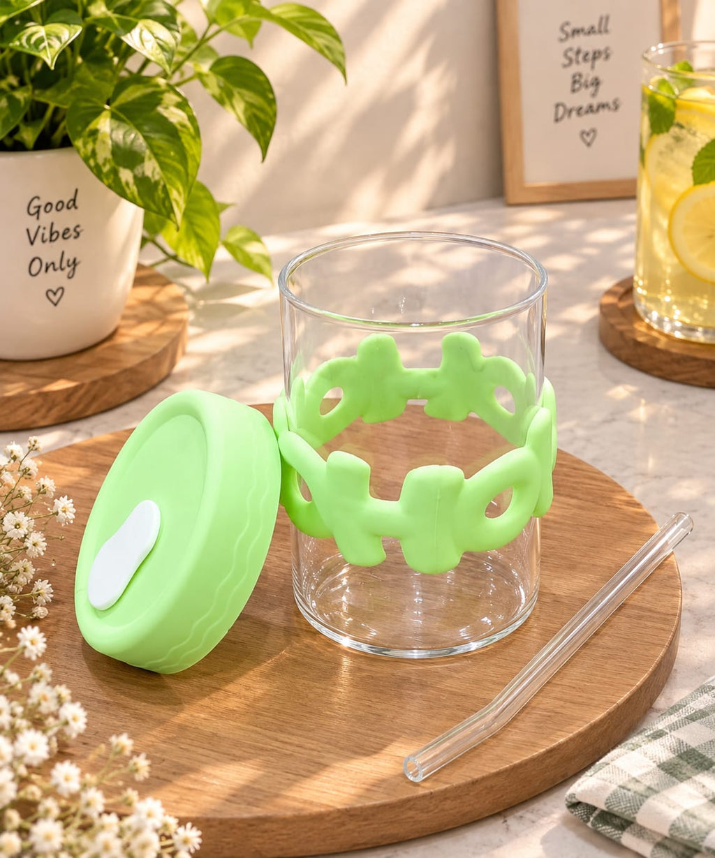 HOHO Glass Sipper with Straw & Lid, Cute Green Cartoon Design Glass Tumbler | Reusable Drinking Cup for Water, Juice, Lemonade, Cold Coffee & Smoothies | Stylish Drinkware for Home, Office & Travel