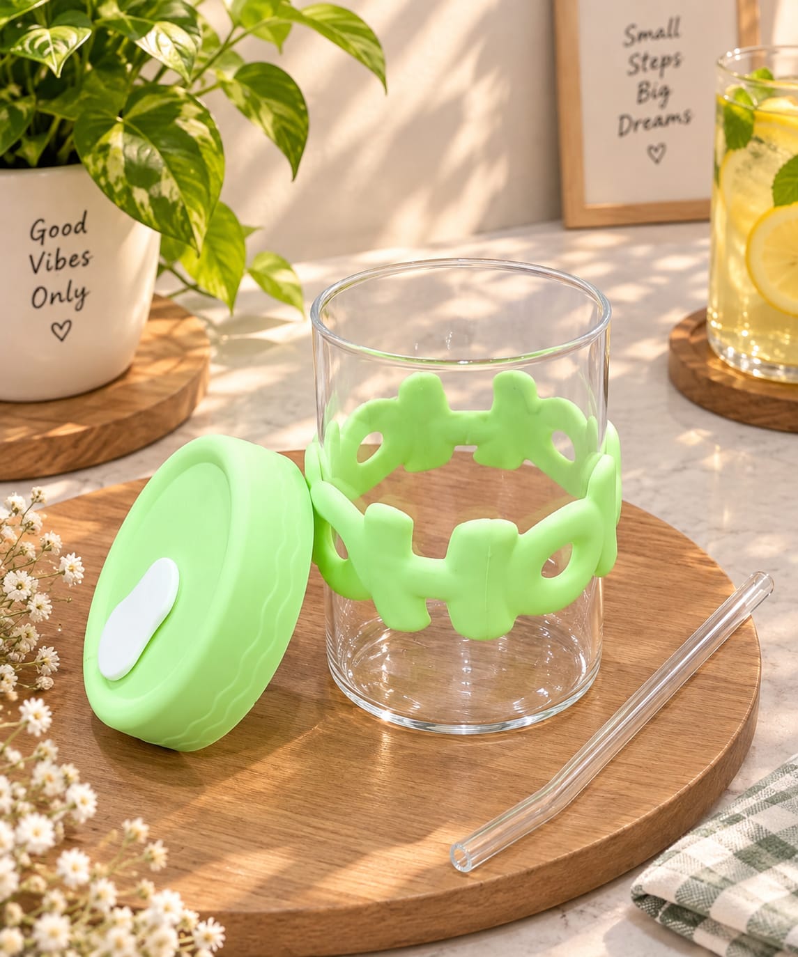 HOHO Glass Sipper with Straw & Lid, Cute Green Cartoon Design Glass Tumbler | Reusable Drinking Cup for Water, Juice, Lemonade, Cold Coffee & Smoothies | Stylish Drinkware for Home, Office & Travel