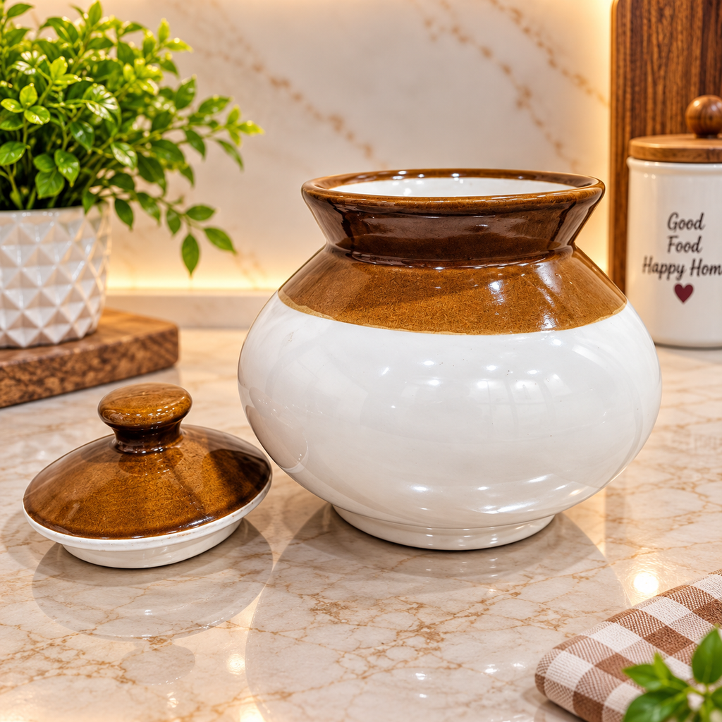 Barniwala 2 KG Ceramic Loota Handi Storage Jar with Lid | Large Decorative Kitchen Container for Pickle, Achar, Spices, Sugar, Tea, Coffee, Dry Fruits & Snacks | Traditional Ceramic Food Storage Canister