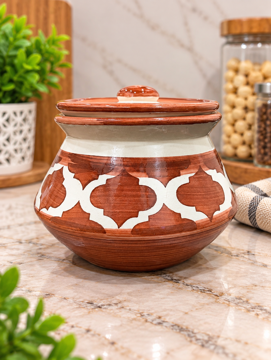 Barniwala 250 ML Ceramic Fancy Handi Jar with Lid | Decorative Kitchen Storage Container for Pickle, Achar, Spices, Sugar, Tea, Coffee, Dry Fruits & Snacks | Traditional Handi Style Storage Pot