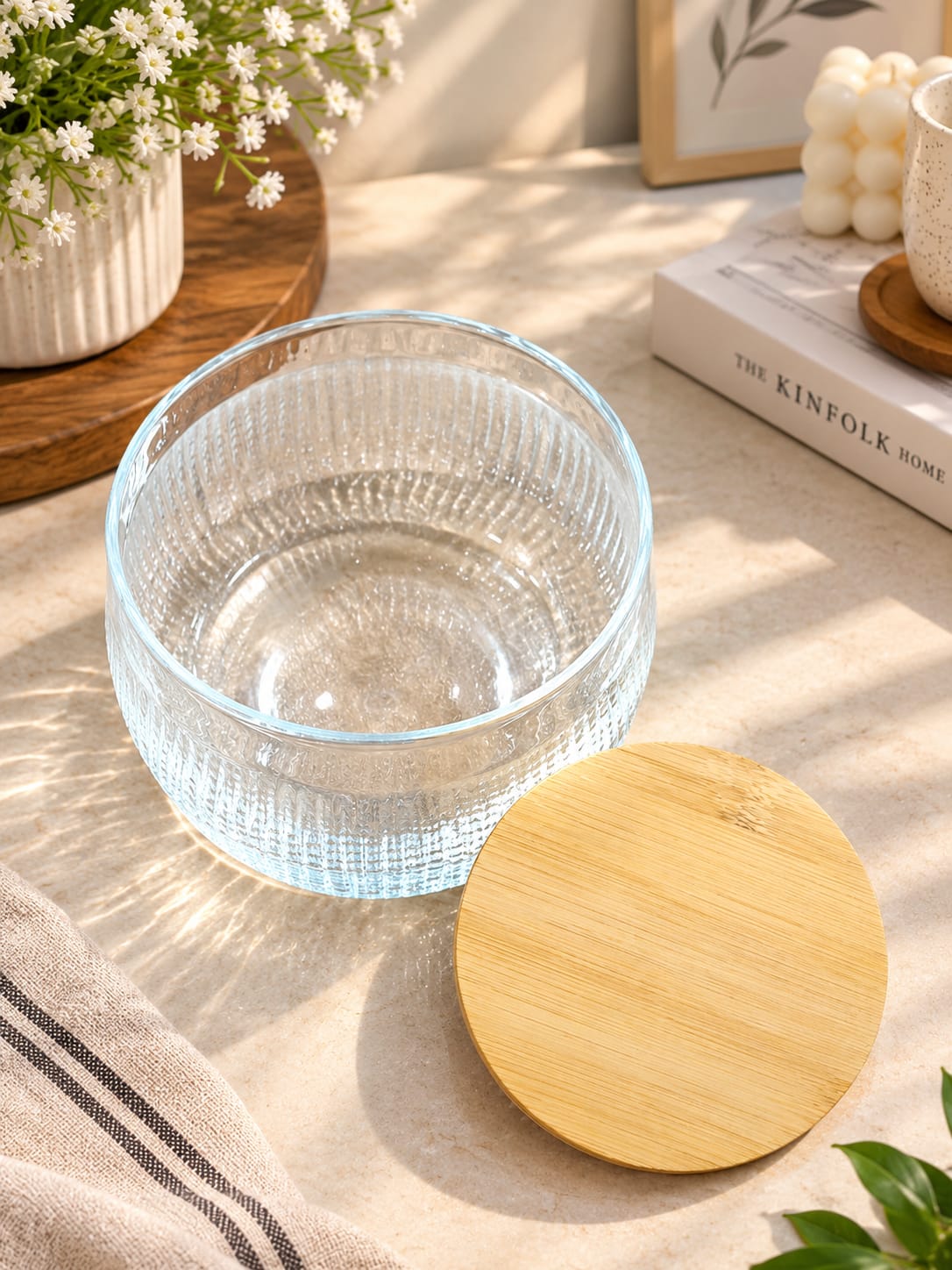 Glass Storage Jar with Bamboo Lid pack of 1 | Ribbed Textured Glass Container | Premium Kitchen Storage Jar for Dry Fruits, Nuts, Spices, Sugar, Tea, Coffee & Snacks