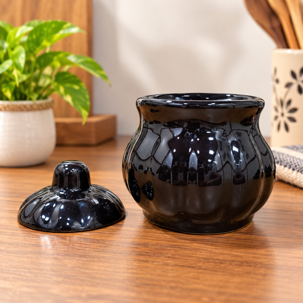 Barniwala 200 ML Ceramic Black Tamatar Loota Storage Jars with Lid | Pack of 6 | Premium Kitchen Containers for Pickle, Achar, Spices, Sugar, Tea, Coffee, Dry Fruits & Snacks | Stylish Pantry Organizer