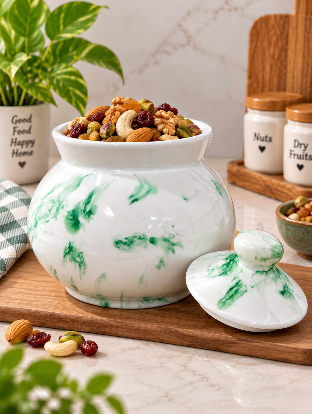 Barniwala 500 ML Ceramic Marble Handi Storage Jar with Lid | Premium Decorative Kitchen Container for Pickle, Achar, Spices, Dry Fruits & Snacks
