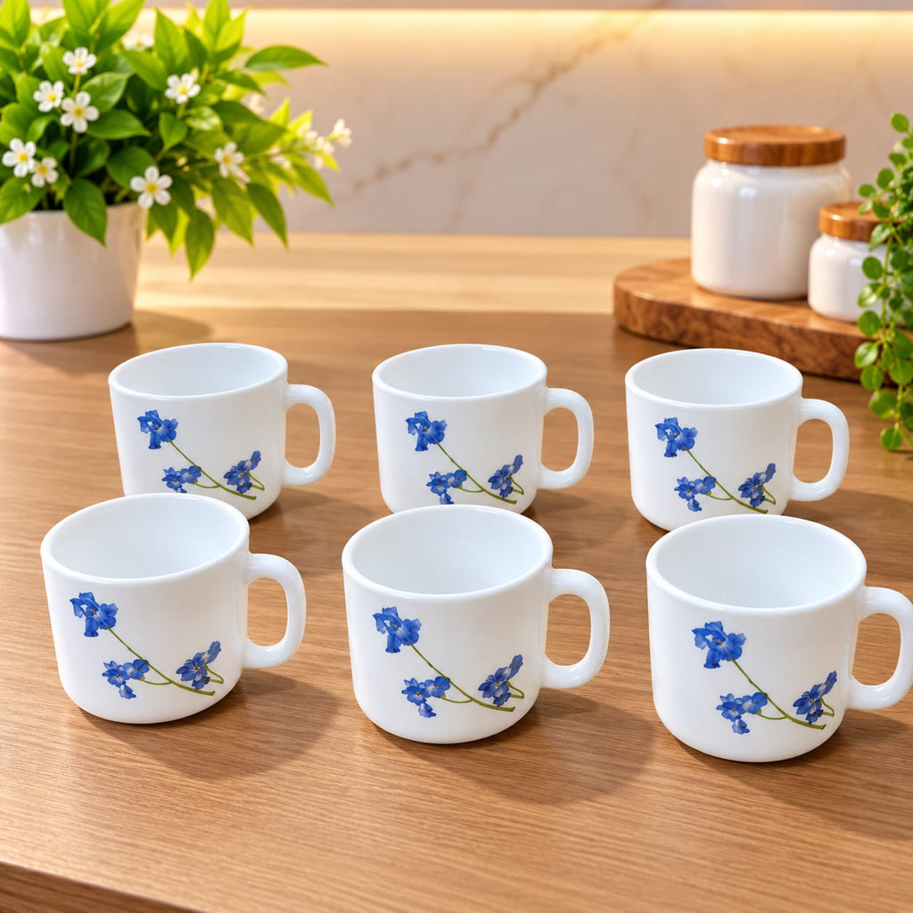 La Opala Blue Orchids Cup Set of 6 | 120 ML Floral Printed Tea & Coffee Cups | Elegant White Cups for Home, Office & Gifting