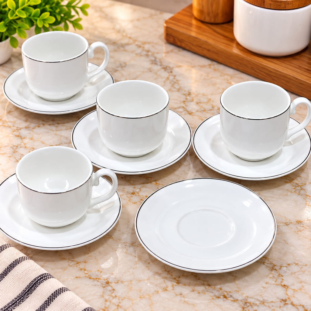 White Ceramic Tea Cup & Saucer Set of 6 | Elegant Coffee Cups with Matching Saucers | Premium Tableware Set for Tea, Coffee, Cappuccino & Hot Beverages