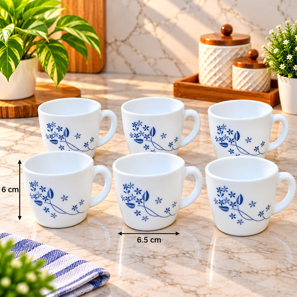 Cello Ricca Dainty Blue Cups 100 ML, Pack of 6 | Elegant Blue Floral Printed Tea Cups for Tea, Coffee, Milk & Espresso | Stylish Small Beverage Cups for Home, Office & Daily Use