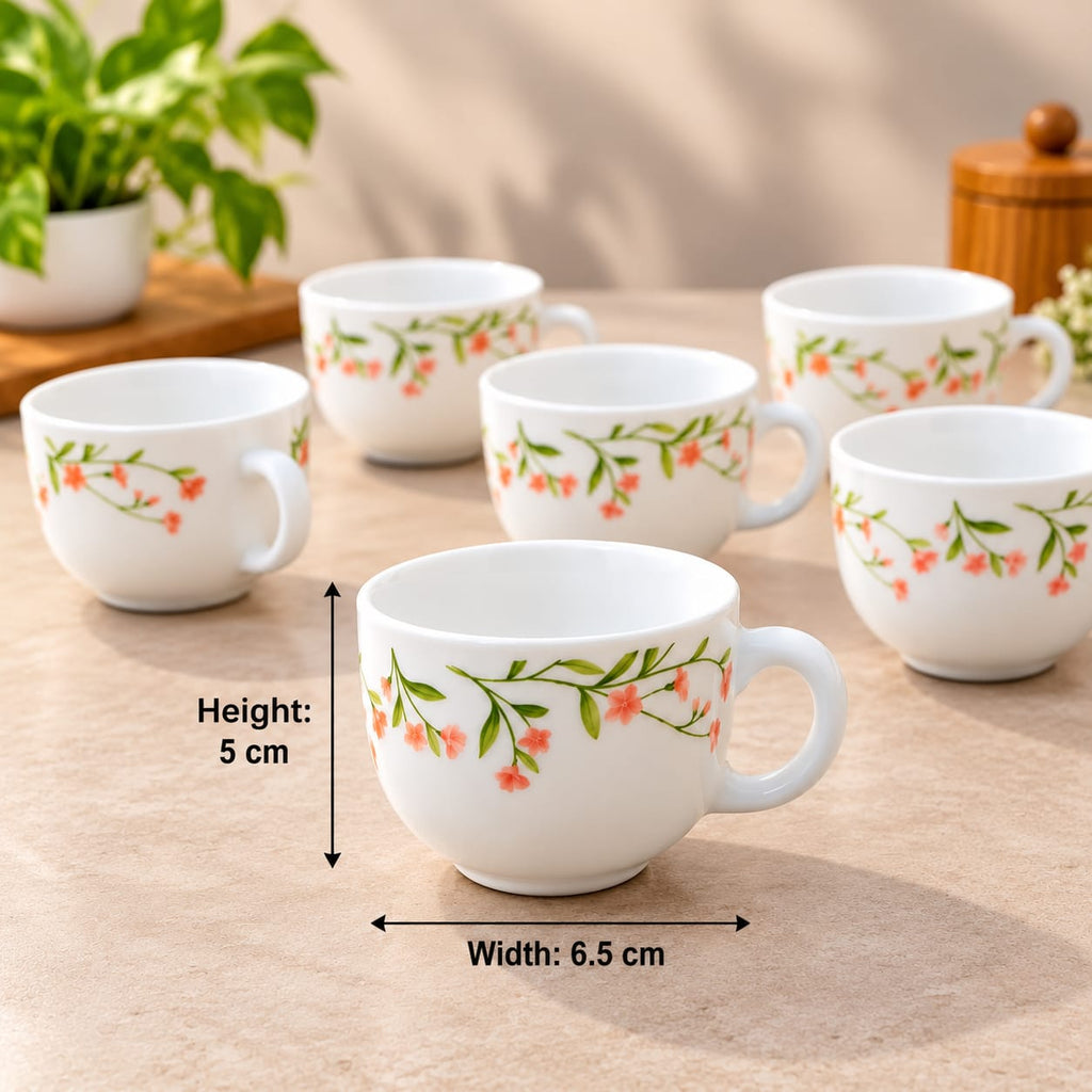 La Opala Spring Meadows Cup Set of 6, 100 ml Each, White Floral Tea & Coffee Cups