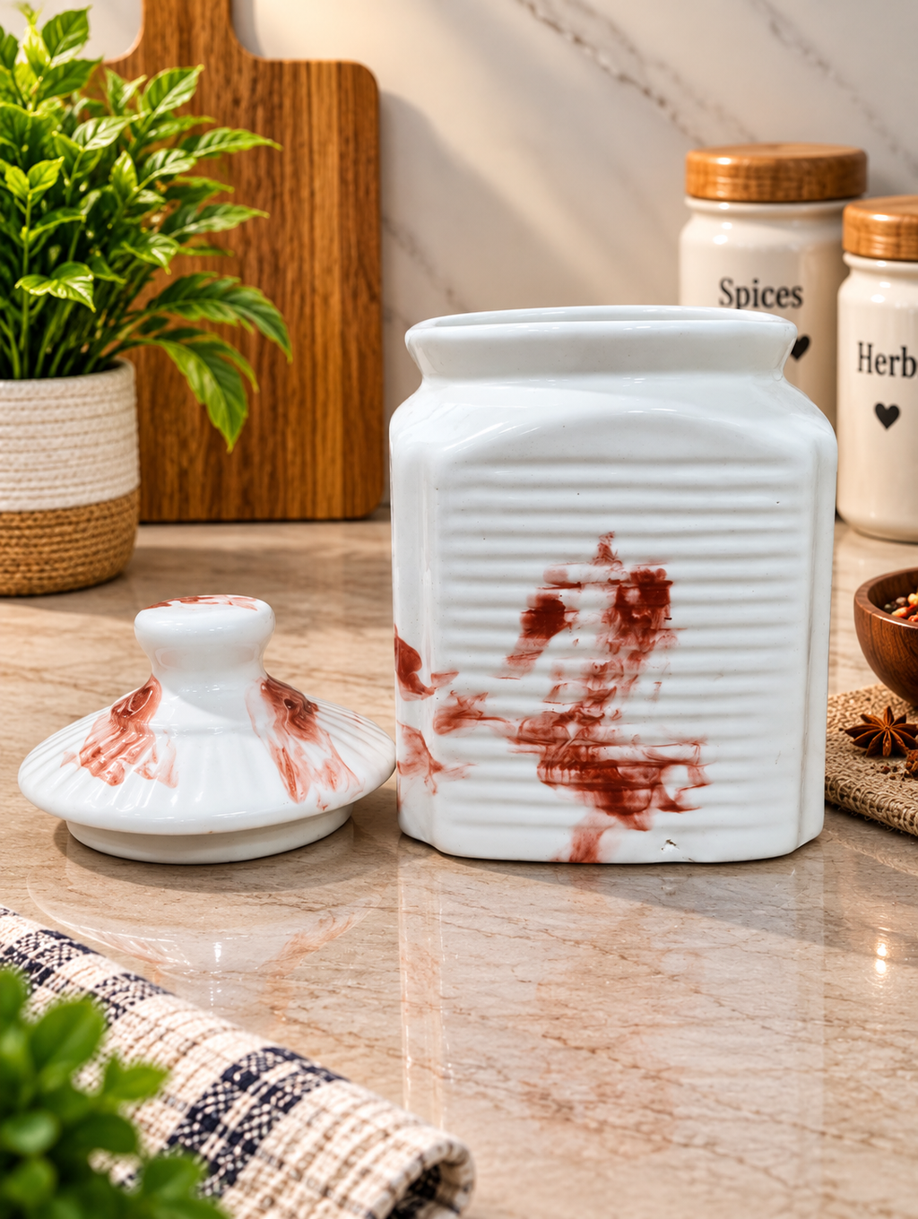 Barniwala 500 ML Ceramic Cutting Storage Jar with Lid | Decorative Kitchen Canister for Dry Fruits, Snacks, Spices, Pickle, Tea & Coffee | Elegant Ceramic Pantry Storage Container | Stylish Kitchen Organizer