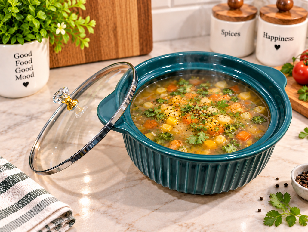 Barniwala Ceramic Soup Bowl with Glass Lid, Deep Teal Ribbed Serving Bowl | Multipurpose Ceramic Casserole Bowl for Soup, Dal, Curry, Pasta, Rice & Food Serving | Elegant Kitchen & Dining Bowl