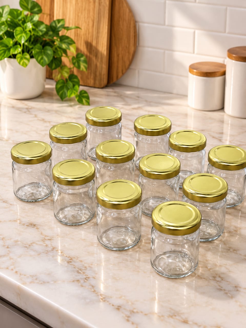 Cylindrical Glass Jar 60 ML with Golden Metal Lid, Set of 12 | Small Clear Glass Storage Jars for Spices, Dry Fruits, Pickles, Honey & Kitchen Storage