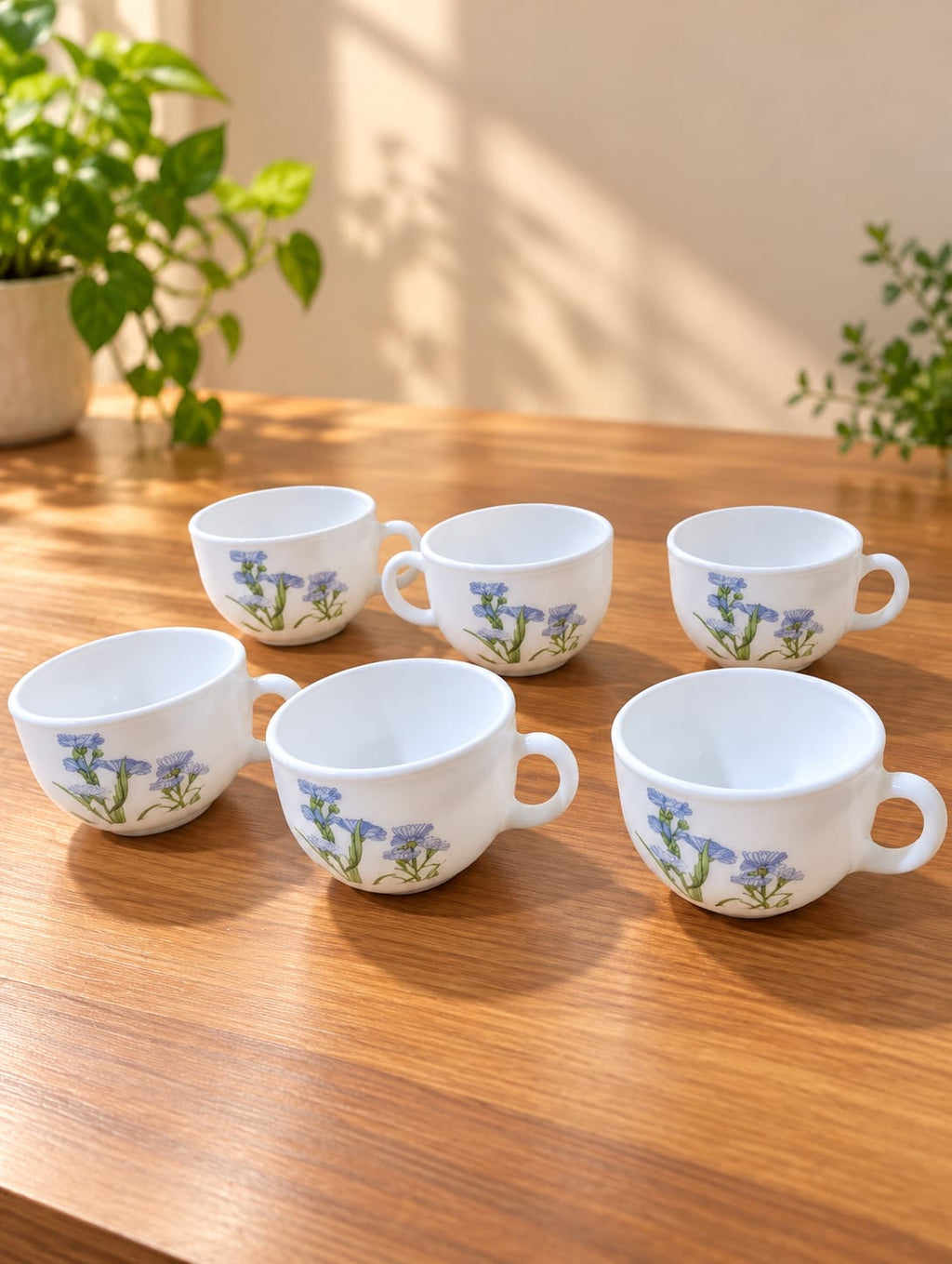 La Opala Blue Florets Cup Set of 6 | 100 ml Small Tea & Coffee Cups | Elegant Floral Design | Premium Opalware Tableware