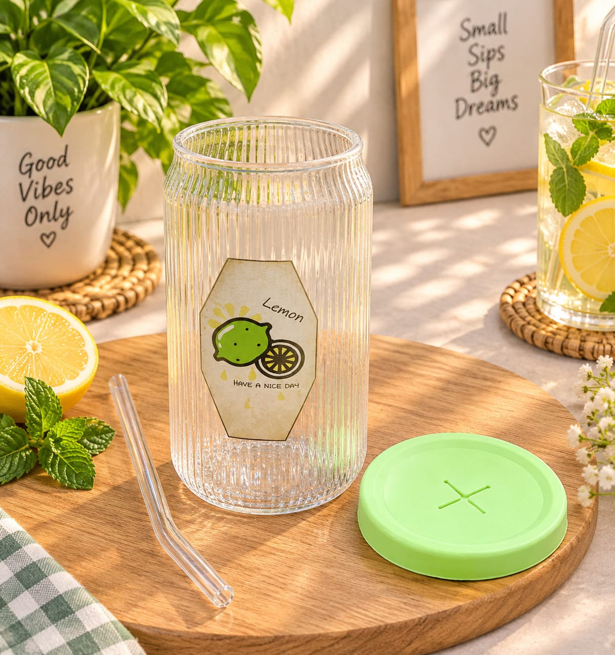 Glass Sipper with Straw, Transparent Ribbed Glass Water Bottle with Green Lid | Reusable Drinking Cup for Juice, Water, Lemonade, Cold Coffee & Beverages | Stylish Home, Office & Travel Drinkware