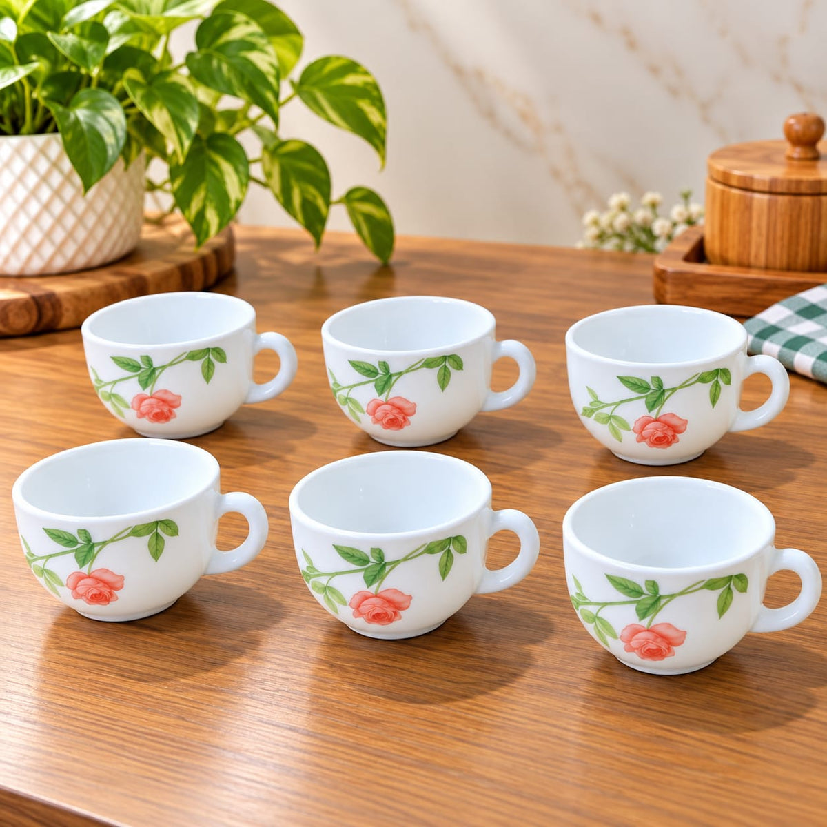 La Opala Rose Garden Cup Set of 6, 100 ML Each | White Floral Tea Cups with Pink Rose Design | Elegant Small Cups for Tea, Coffee & Serving